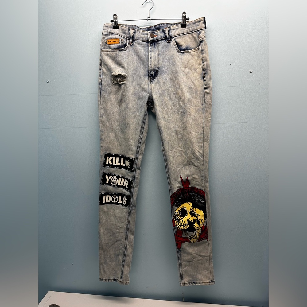 Men’s Watson Blue Denim Distressed Graphic Streetwear Skull Skinny Jeans Size 32